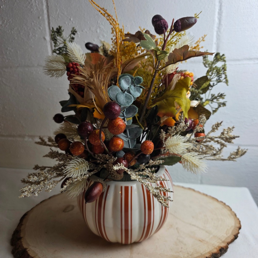 Fall Harvest Artificial Floral Arrangement in Striped Ceramic Pumpkin Pot